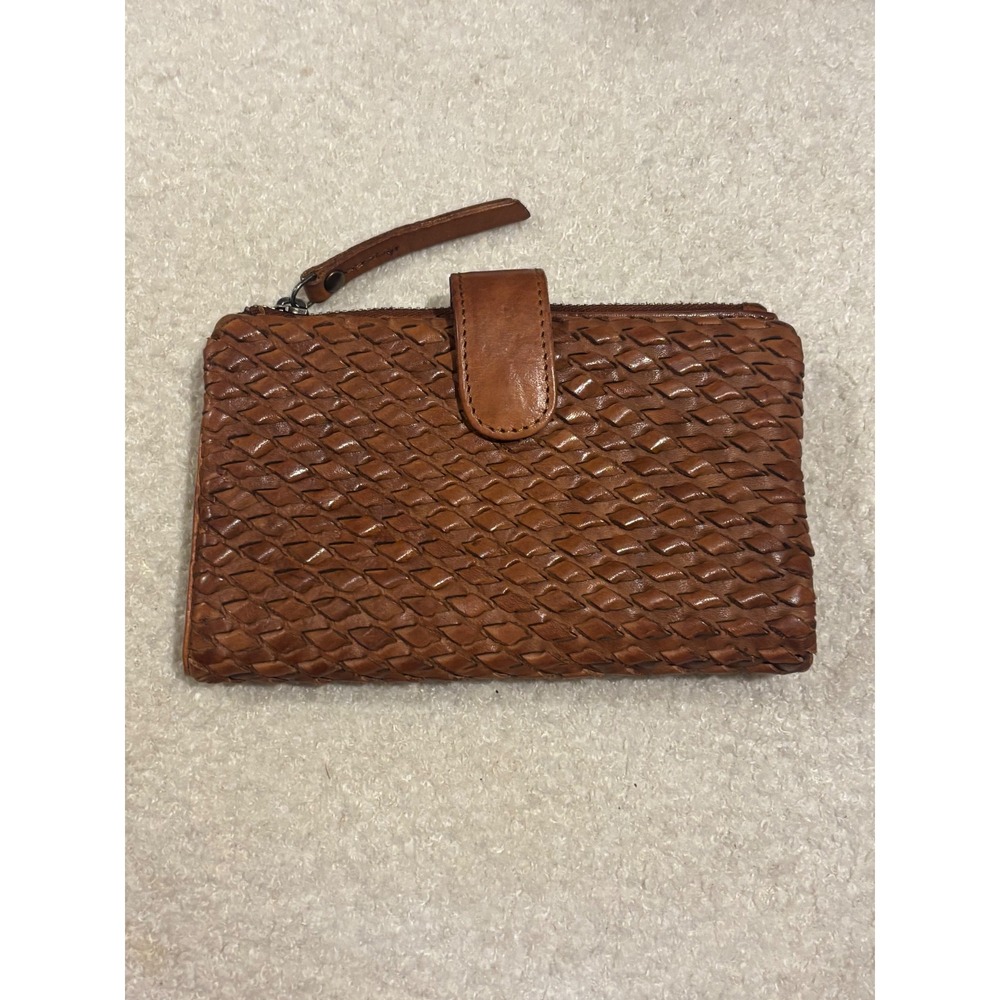 Valenca Holland Woven Leather Bifold Wallet Cognac Brown Zip Top 12 Card Slots